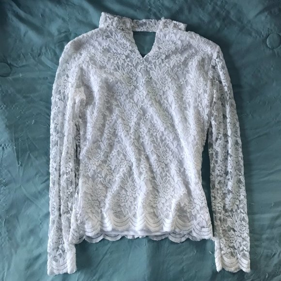 White Ivory Floral Embroidered Lace Double Layered Sheer Long Sleeve Top - Picture 7 of 16